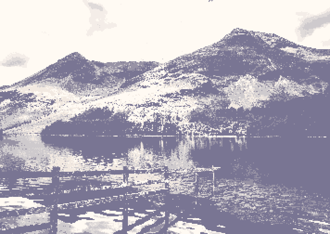 Grayscale pixel art image of mountains in the lake district